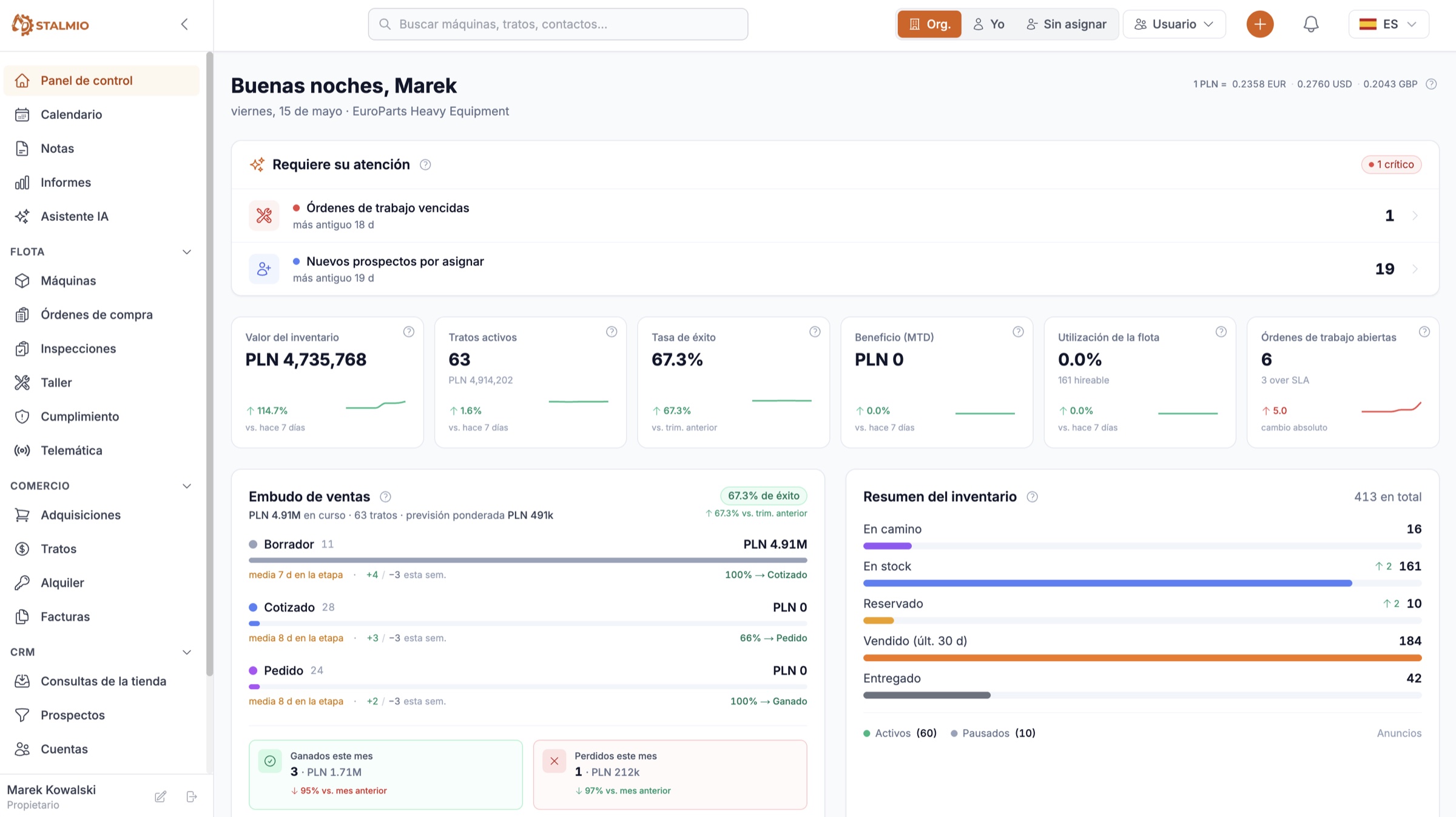 The Stalmio dealer dashboard — sales pipeline, fleet utilisation and open work orders in one view